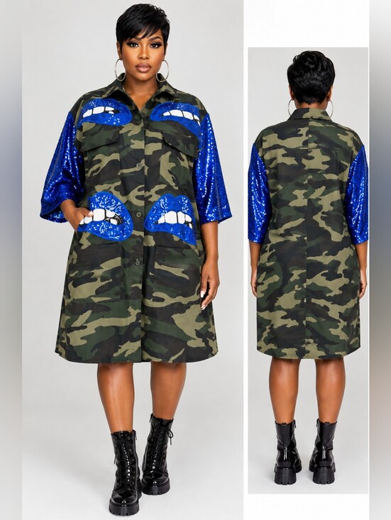 Jackets & Blazers - "SOLD" Camo Jacket with Blue Sequin Lip Appliqués
